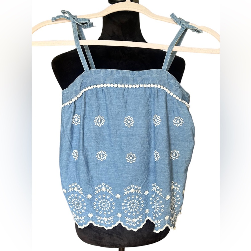 True Craft Spaghetti strap denim blouse with white cotton embroidery, Medium